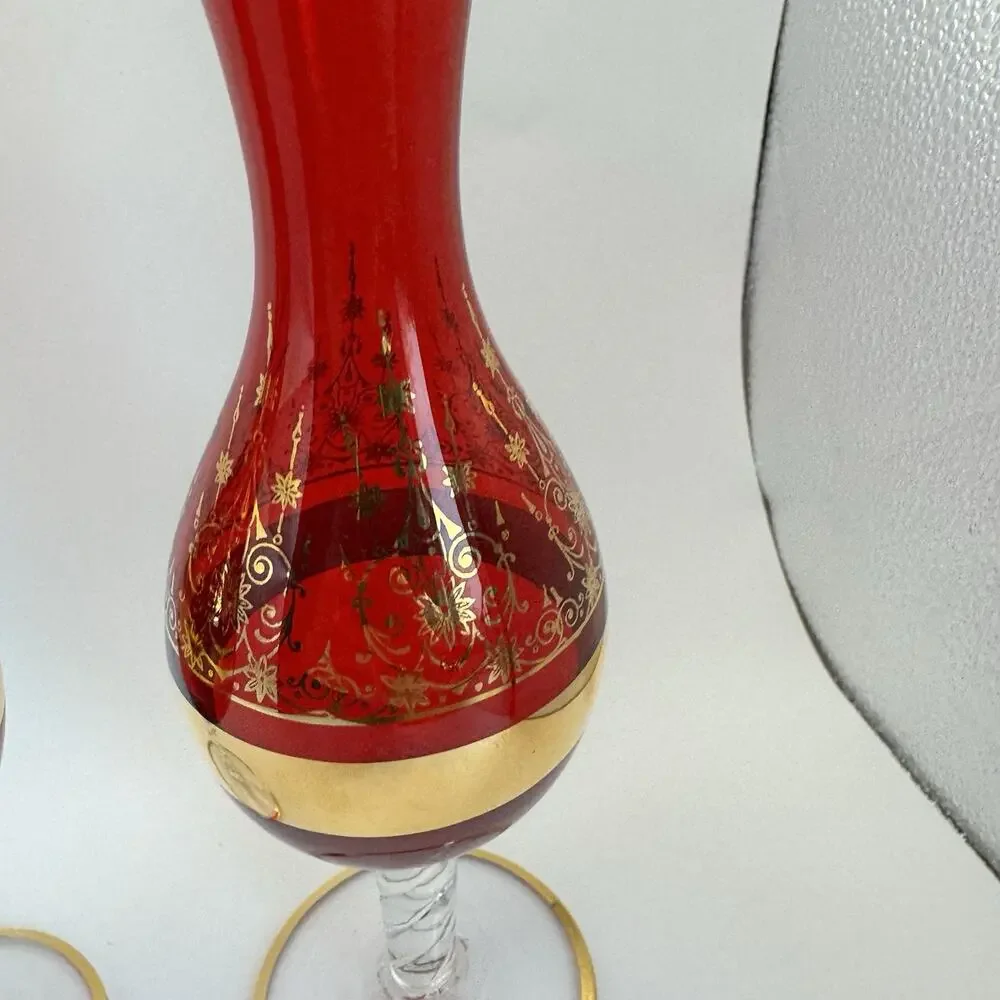 Vintage Vecchia Murano Italian Ruby‎ Red Bud Vase 24K Gold Leaf Overlay